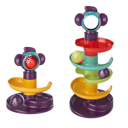 Children's railway Jenga building blocks with slide rotating table packaging showing music functions and 28cm measurement