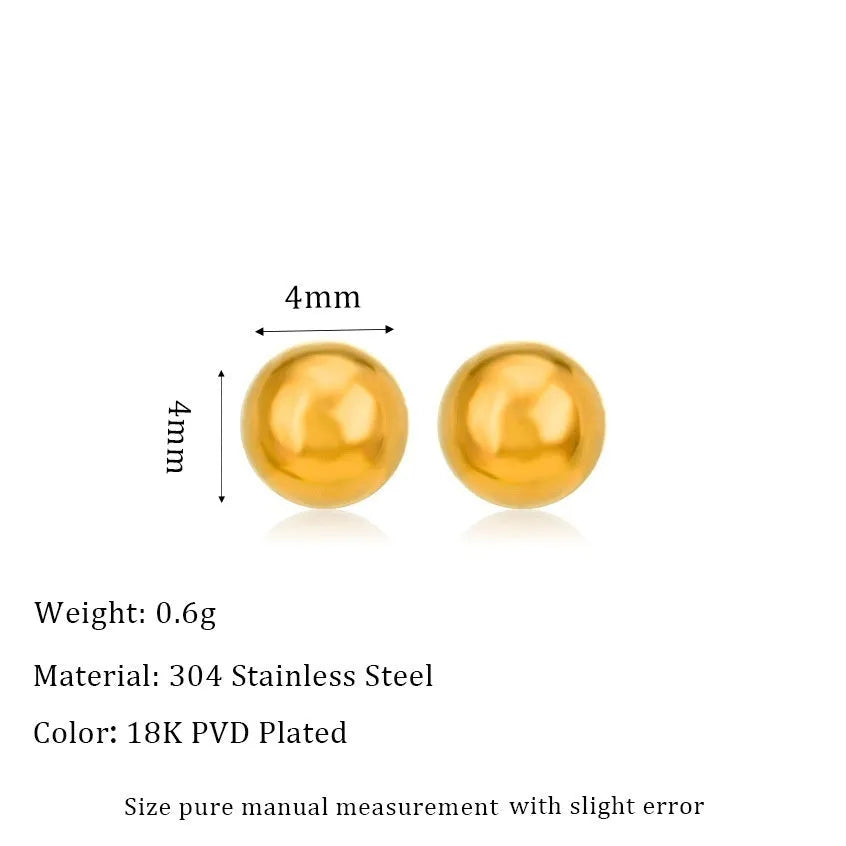 Stainless steel ball stud earrings with round geometric shape in gold or silver finish, sizes 3mm to 6mm