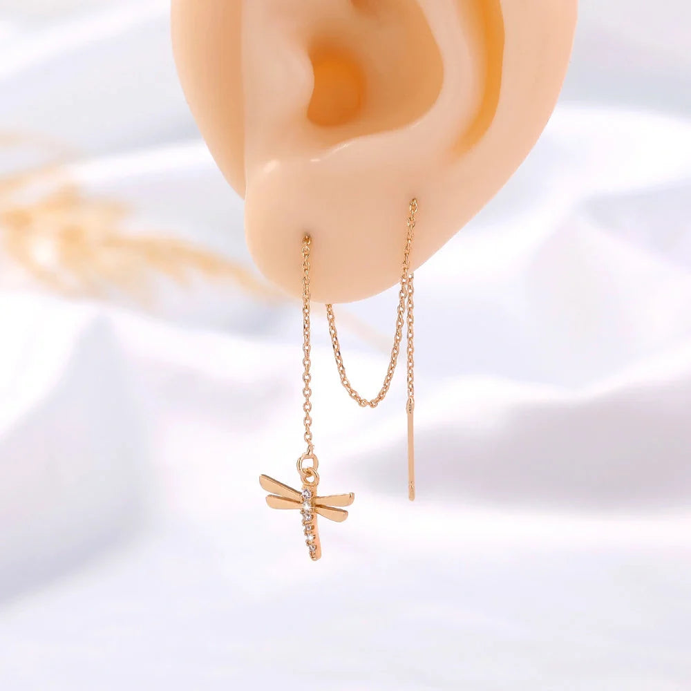 Gold Copper Dragonfly Earrings with Zircon Long Tassel - Unique Fashion Jewelry