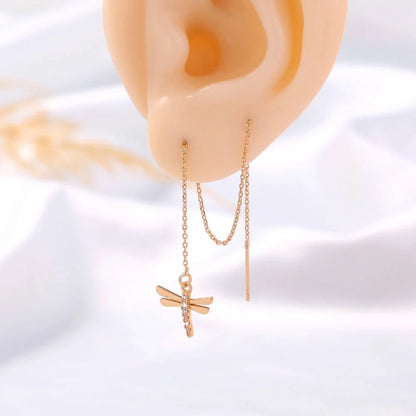 Gold Copper Dragonfly Earrings with Zircon Long Tassel - Unique Fashion Jewelry