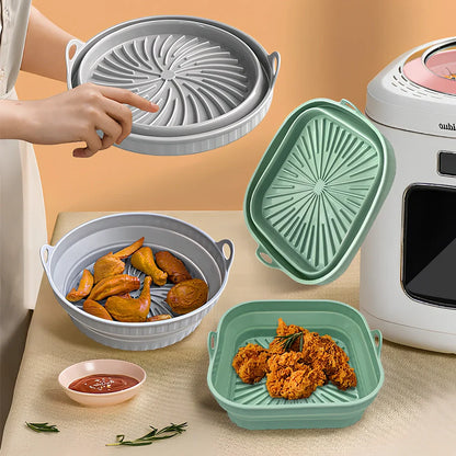 Square and round silicone air fryer liners with non-slip base in five colours including grey and pink