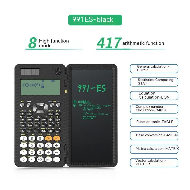 Ergonomic 2-in-1 scientific calculator with foldable writing pad, blue LCD screen, and compact design