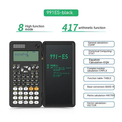 Ergonomic 2-in-1 scientific calculator with foldable writing pad, blue LCD screen, and compact design