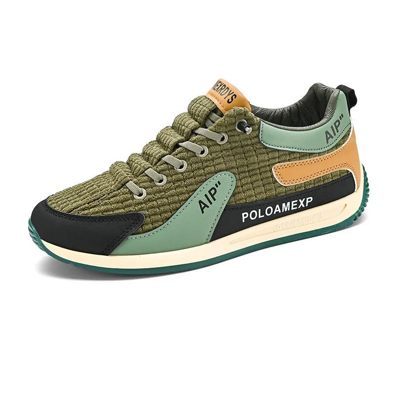 Men's grey and green mesh running shoes with lace-up front and low-top ankle design