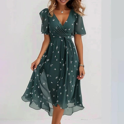 Elegant summer chiffon V-neck dress with floral print, available in multiple colors and sizes.