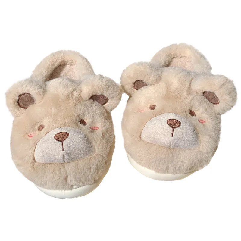 Women's plush suede slippers in cartoon design showing round toe and available colour options