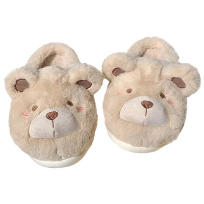 Women's plush suede slippers in cartoon design showing round toe and available colour options