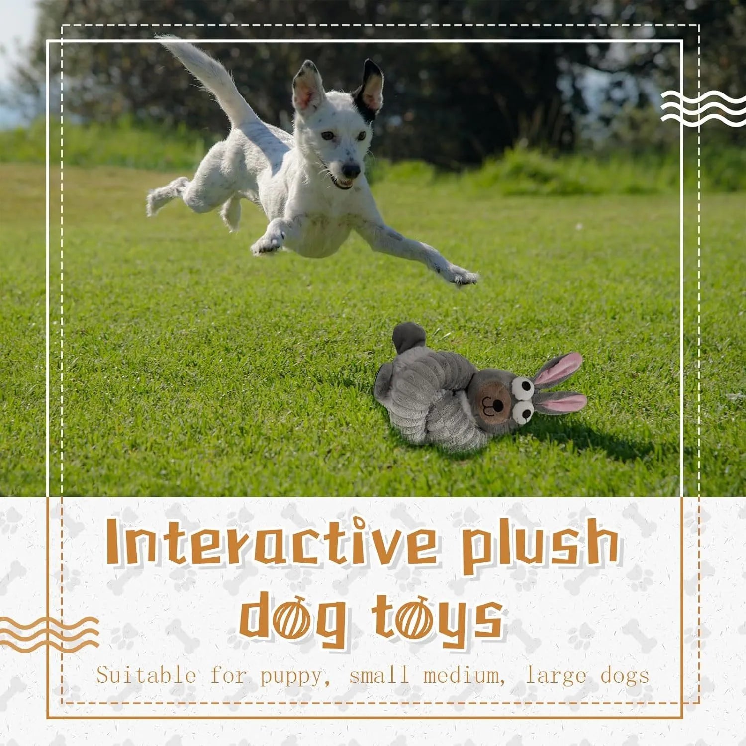 Assorted plush squeaky dog toys with crinkle texture in brown, grey, and yellow colours showing foldable design