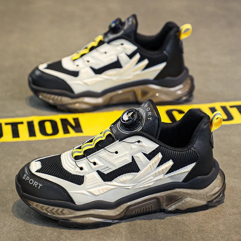 Men's black mesh dad shoes with rotating button detail and a low platform sole