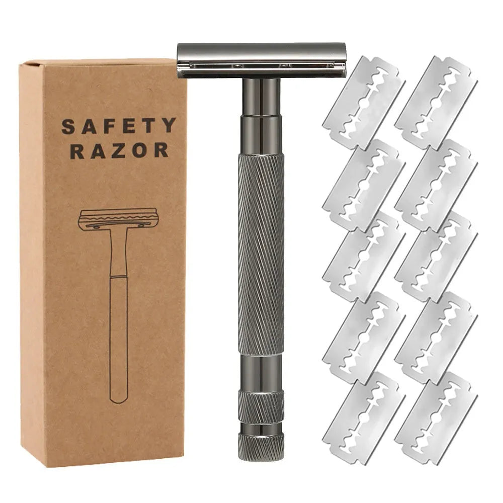 Traditional alloy double-edged safety razor with replaceable blades in choice of colours including black, silver, and rose gold.