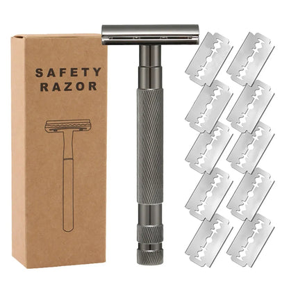 Traditional alloy double-edged safety razor with replaceable blades in choice of colours including black, silver, and rose gold.
