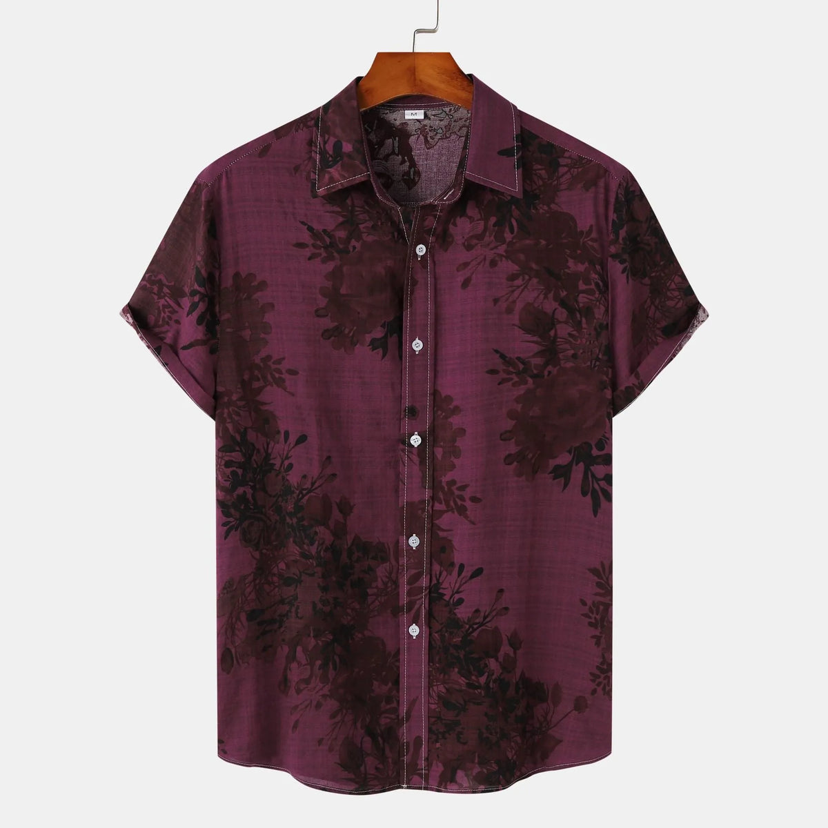 Men's floral lapel shirt in gray, khaki, yellow or burgundy, cotton button-front top, sizes M to 3XL