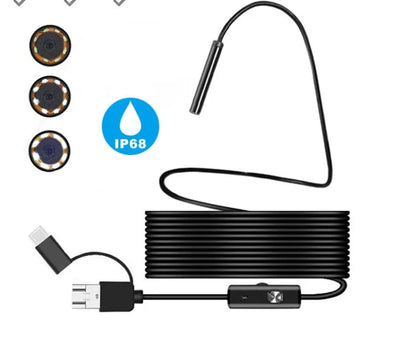High-definition endoscope camera with 1200P HD resolution, adjustable LED lights, and waterproof design for versatile use on smartphones, tablets, and PCs.
