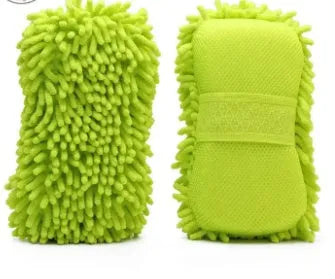 Silver green microfiber chenille car wash sponge block measuring 14cm by 25cm.