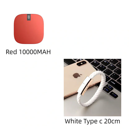 Red 10000 mAh mini power bank with digital display showing battery percentage, measuring 90x64x24mm