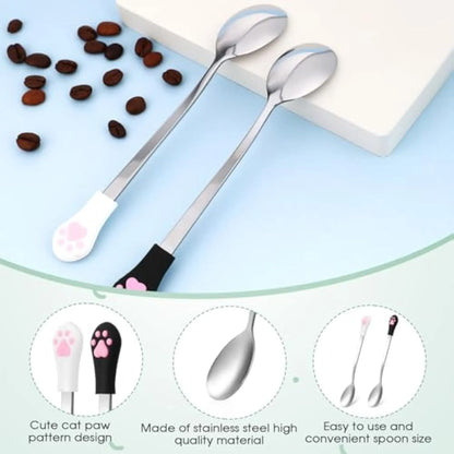 White and black cat paw print pet food spoons with stainless steel bowls