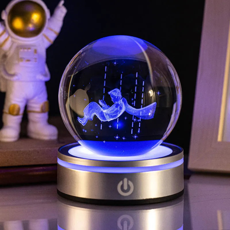 3D inner carving luminous crystal ball night lamp with 8cm white crystal and round touch USB base