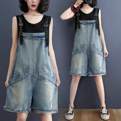 Women's blue denim jean suspenders with adjustable straps, Korean design