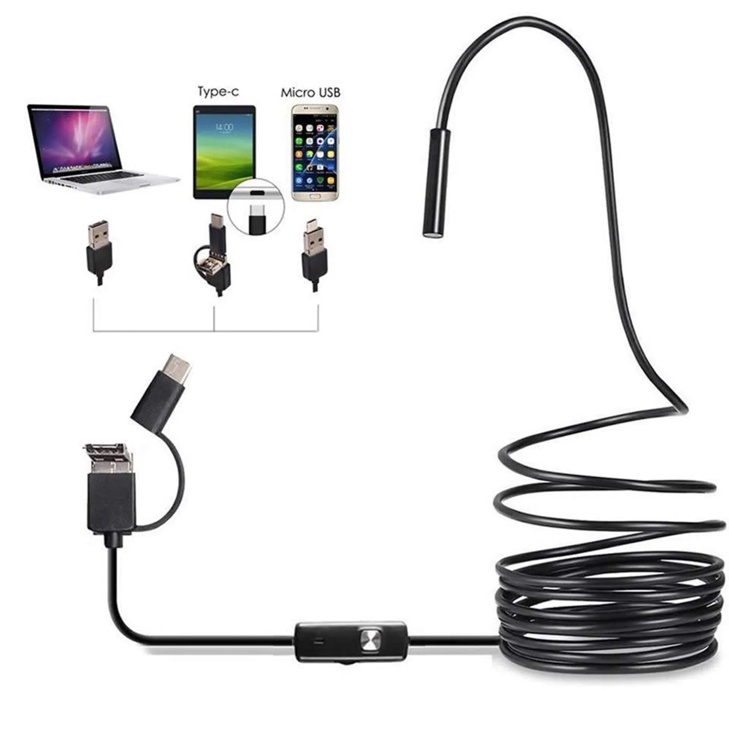 Three in one Type-C USB Android endoscope with 5.5mm probe, side mirror, hook, and magnet attachments on white background