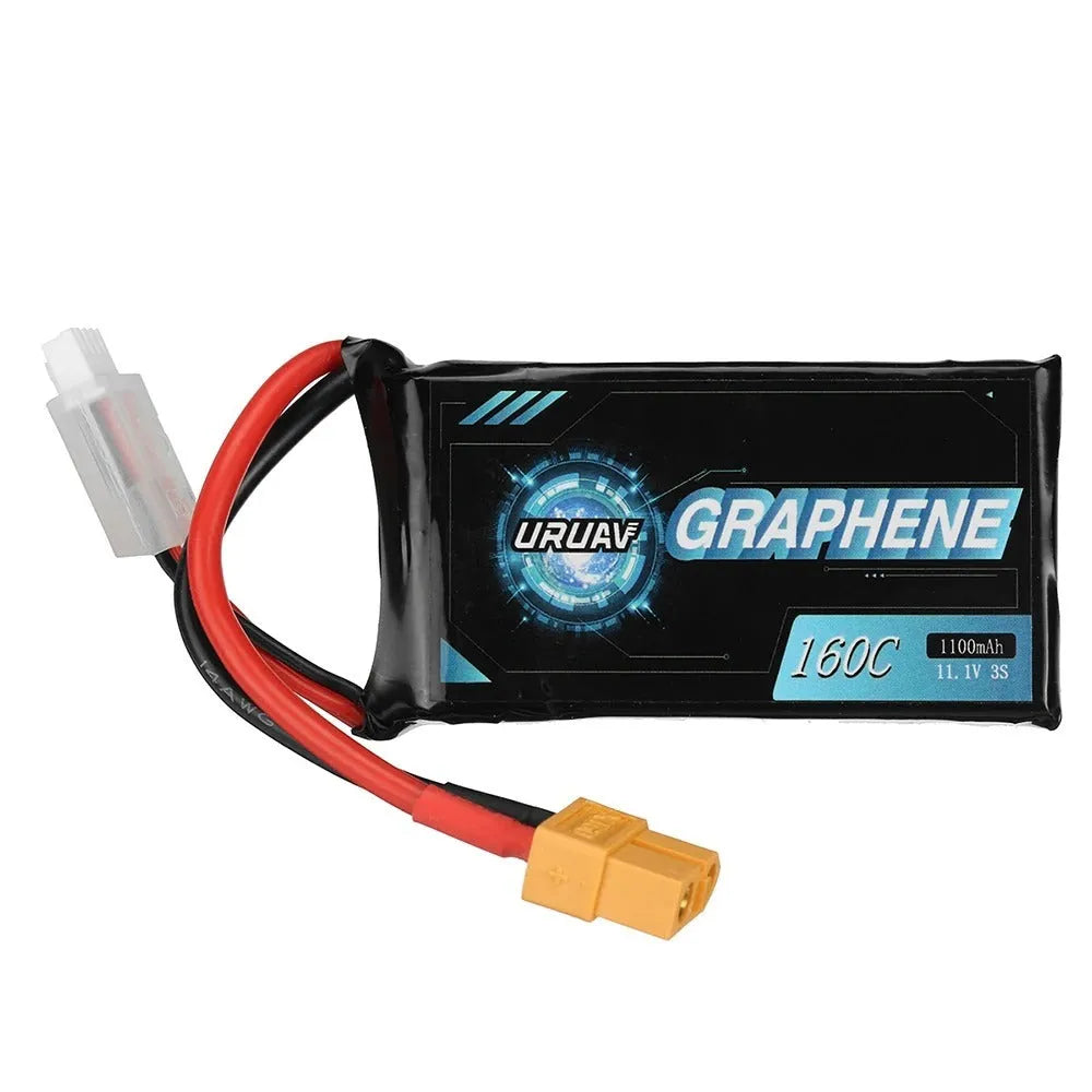 RC model lithium battery showing 7.4V 1200mAh specifications with 15x36x70mm dimensions