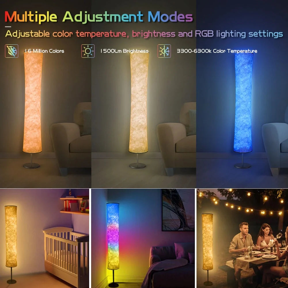 RGB fabric circular floor lamp with APP control standing 1.66 metres tall with removable washable fabric cover