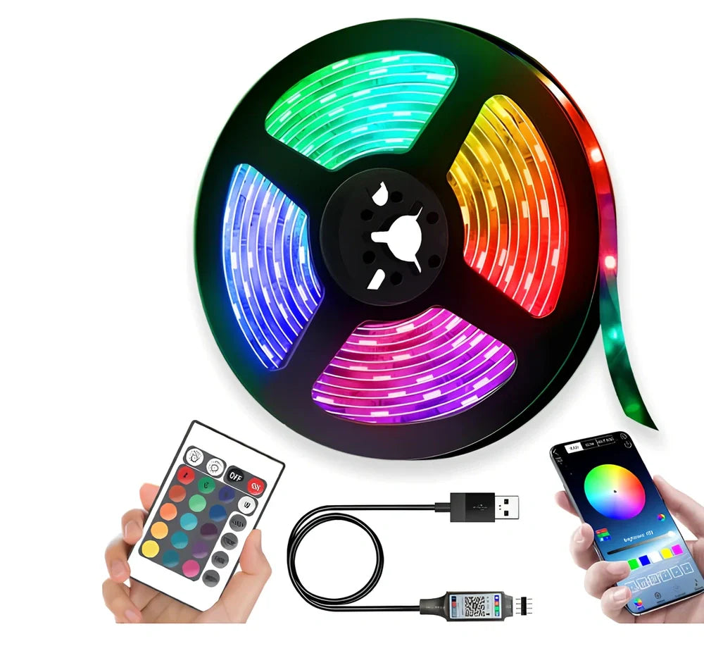 Flexible RGB LED strip lights with Bluetooth control showing colour changing effects on TV backlighting installation