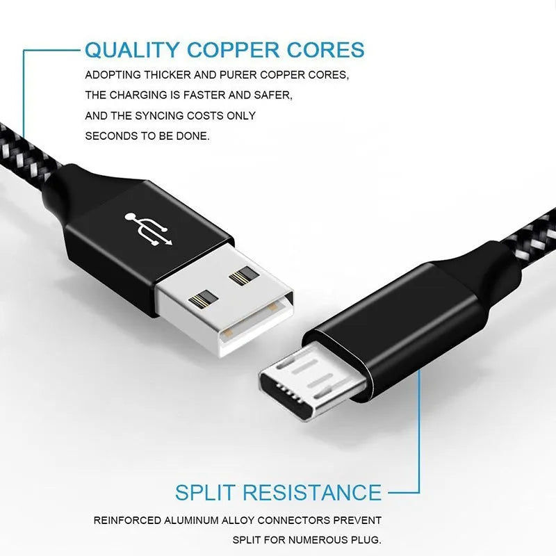 Braided data cable with Micro USB connector for Android phones, showing black and white colour option and length choices.