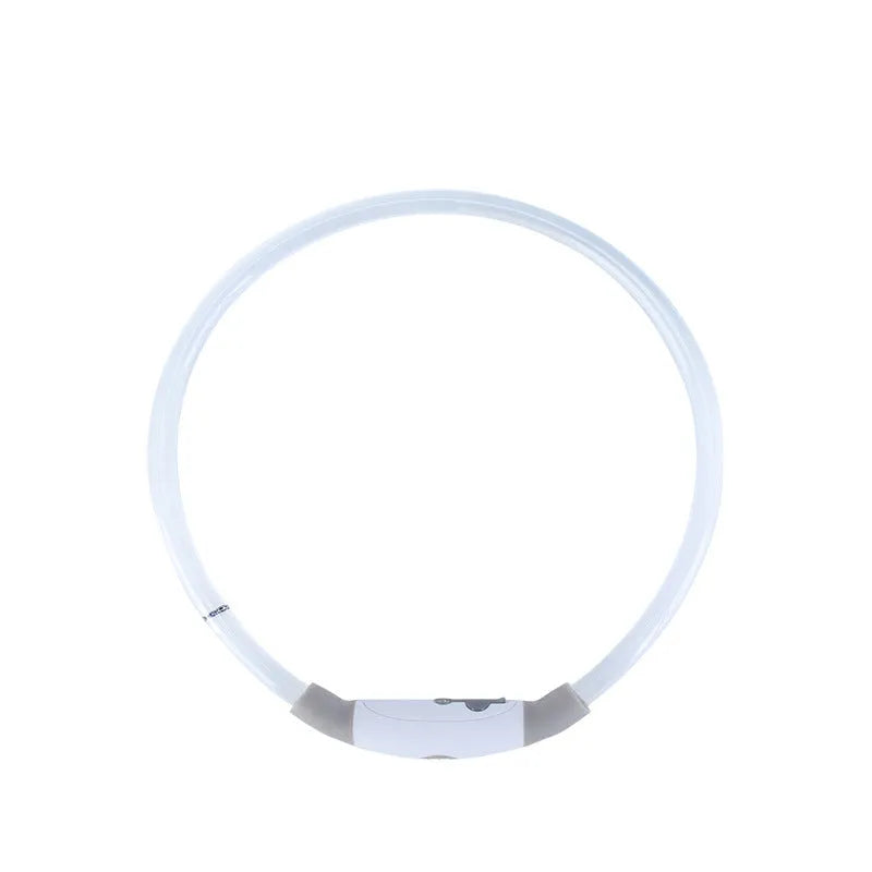 USB-rechargeable LED dog collar with blue glow, adjustable 70cm length, and three flash modes for pet safety.