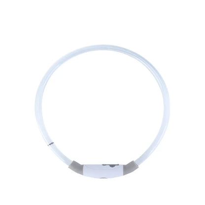 USB-rechargeable LED dog collar with blue glow, adjustable 70cm length, and three flash modes for pet safety.