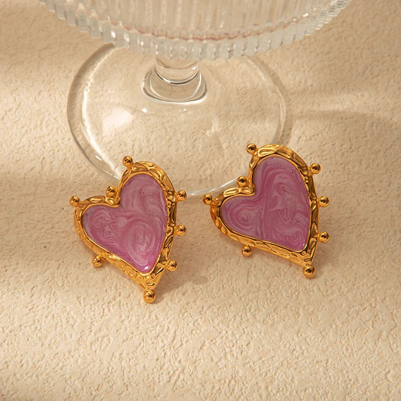 Retro Love Heart Stainless Steel Ear Studs for Women in pink