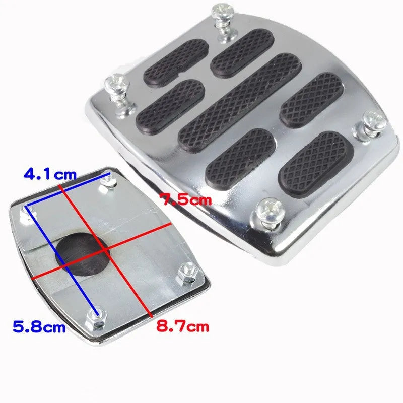 Metal motorcycle brake pedal skid plate showing Foot Pedal, Square Foot Pedal, and Small Brake Plate style options