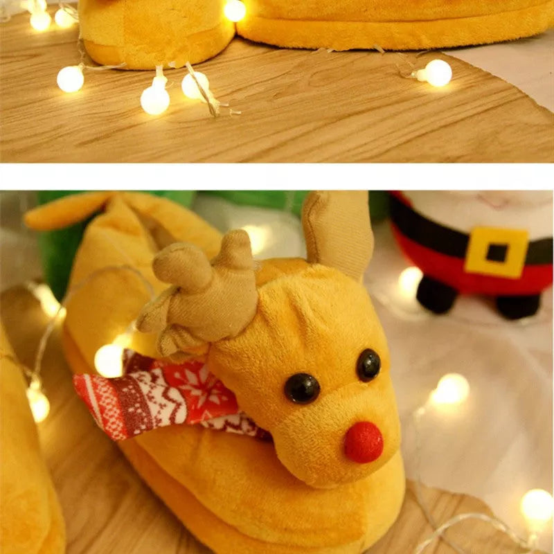 Christmas elk slippers for couples in yellow and khaki, plush material, sizes 35-43