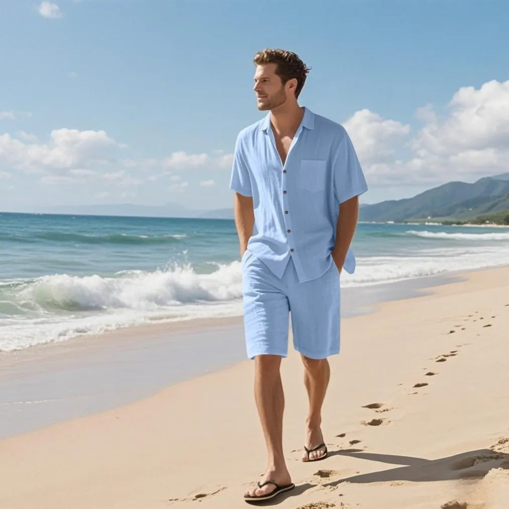 Linen leisure breathable short sleeve shirt beach suit in Army Green, showing top and shorts set