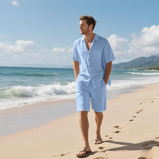 Linen leisure breathable short sleeve shirt beach suit in Army Green, showing top and shorts set