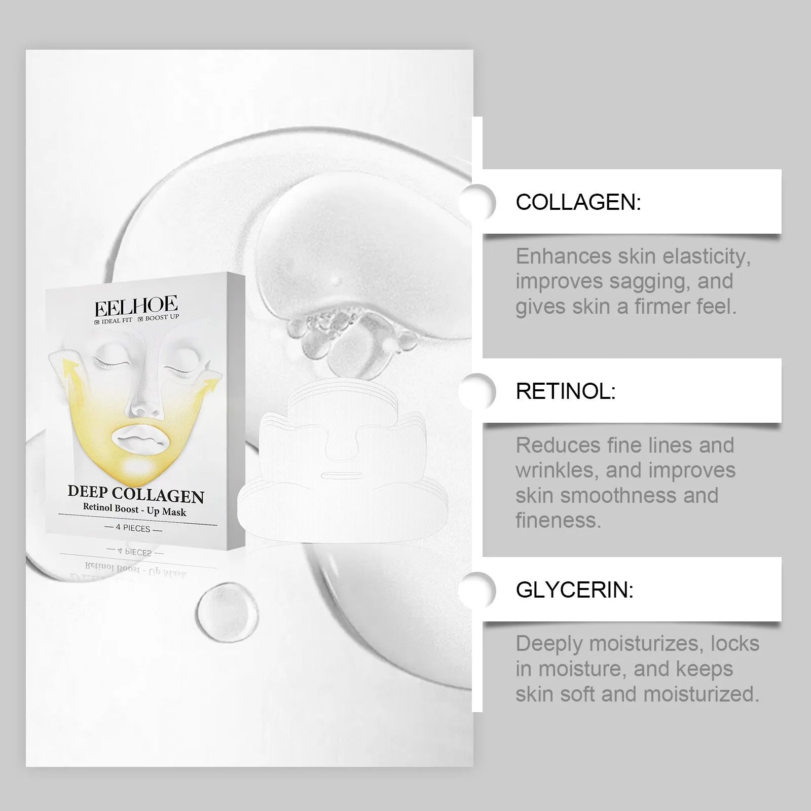 Four collagen tightening facial masks from a pack, showing sheet mask size