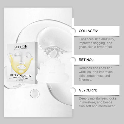 Four collagen tightening facial masks from a pack, showing sheet mask size