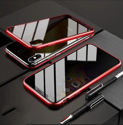 Anti-peep double-sided magneto flip case for iPhone with metal frame and tempered glass.
