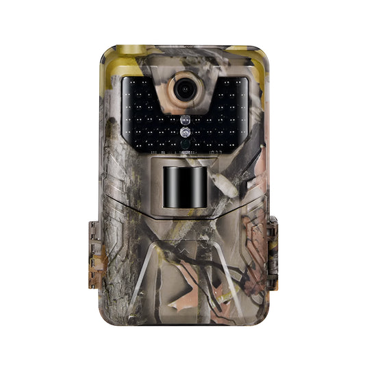 Camouflage infrared hunting trail camera with lens and infrared LEDs, shown with mobile phone displaying APP control interface.
