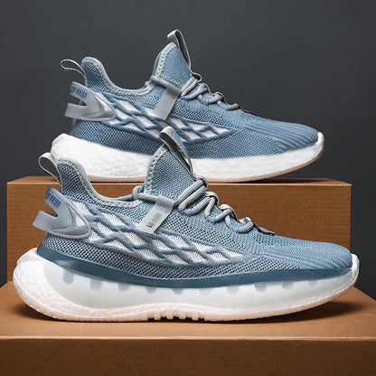 Men's white low-top mesh platform sneakers with round toe and front lace-up design on a rubber sole