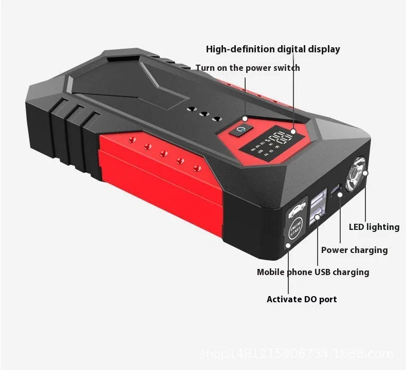 Red 12V emergency start power source with 18800 capacity, battery clamp, and data cable for car jump starting