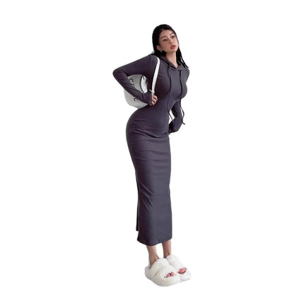 Women's sheath over-the-knee dress with hood and long sleeves in polyester, available in multiple colours