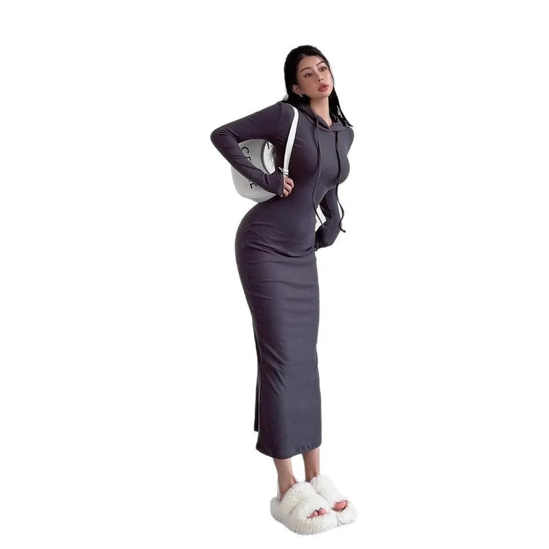 Women's sheath over-the-knee dress with hood and long sleeves: a polyester pullover dress in sizes S to XL, available in light grey, black, brown, and dark grey for versatile layering or standalone wear.