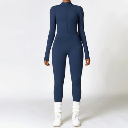 Cozy zippered jumpsuit in various colors, designed for yoga, fitness, and sports activities