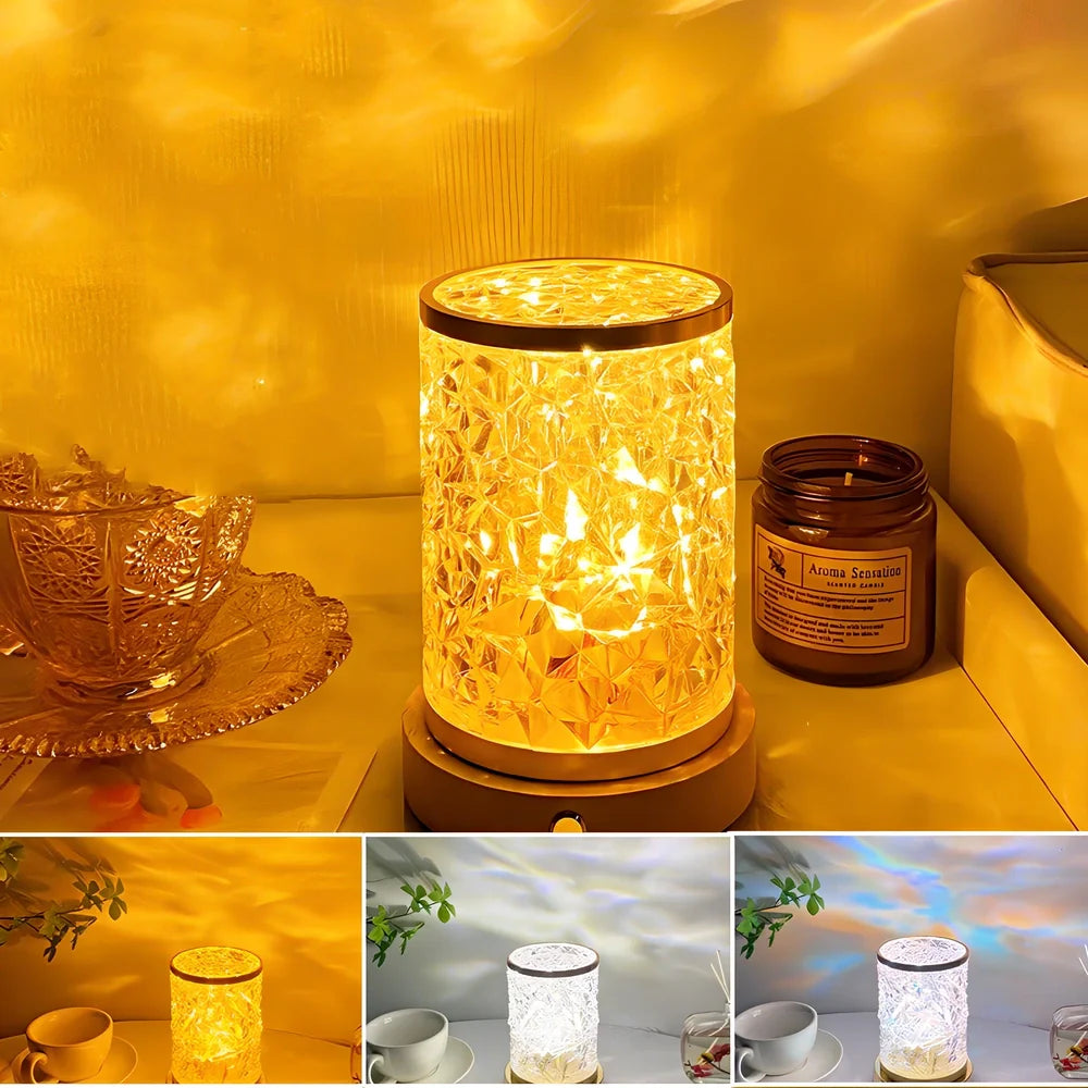Gold crystal night light projecting water ripples with rotating mechanism and wooden base