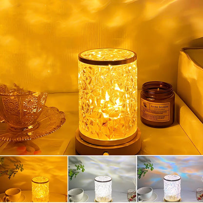 Gold crystal night light projecting water ripples with rotating mechanism and wooden base