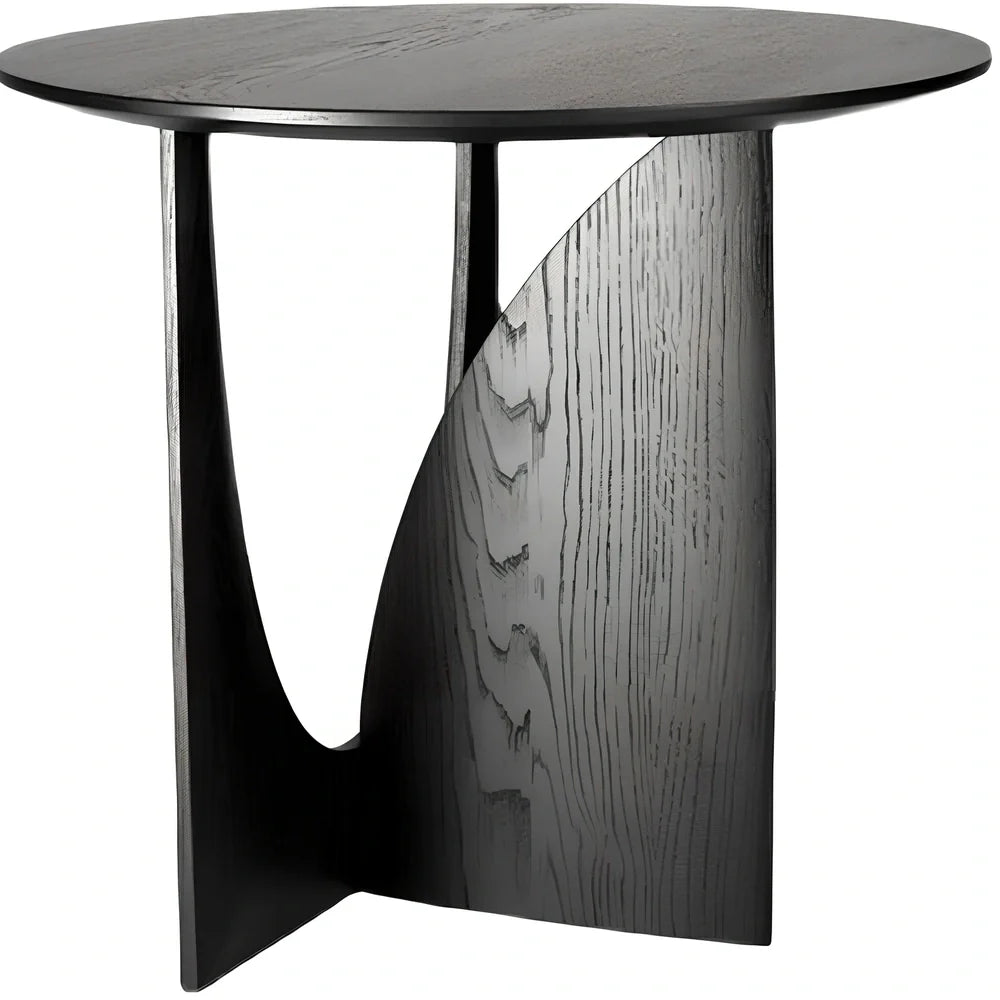 Round solid wood side table with geometric base in walnut, log, or ash black finish