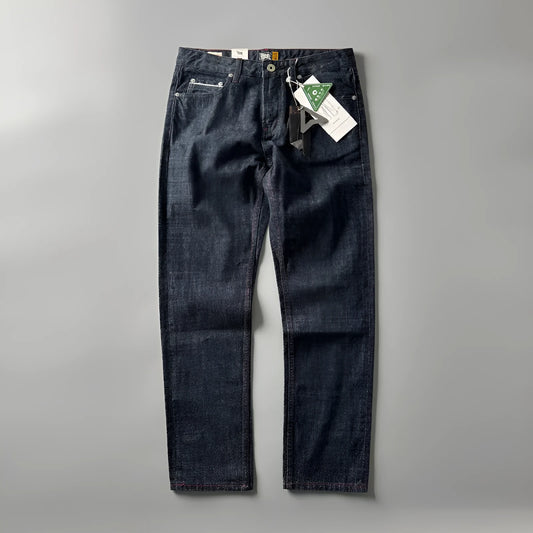 Men's straight-leg denim trousers in primary colour with mid-waist design and 100% cotton fabric