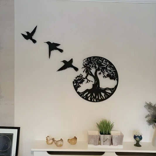 Black modern iron wind chime wall art ornament with hanging strap.