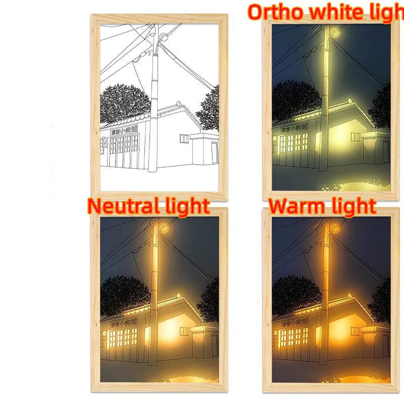 LED illuminated decorative picture light on a table showing a scenic landscape image glowing from within.