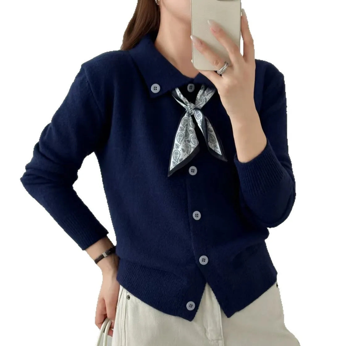 Lazy Fashion Lapel Scarf Sweater in cardigan style with splicing details and long sleeves